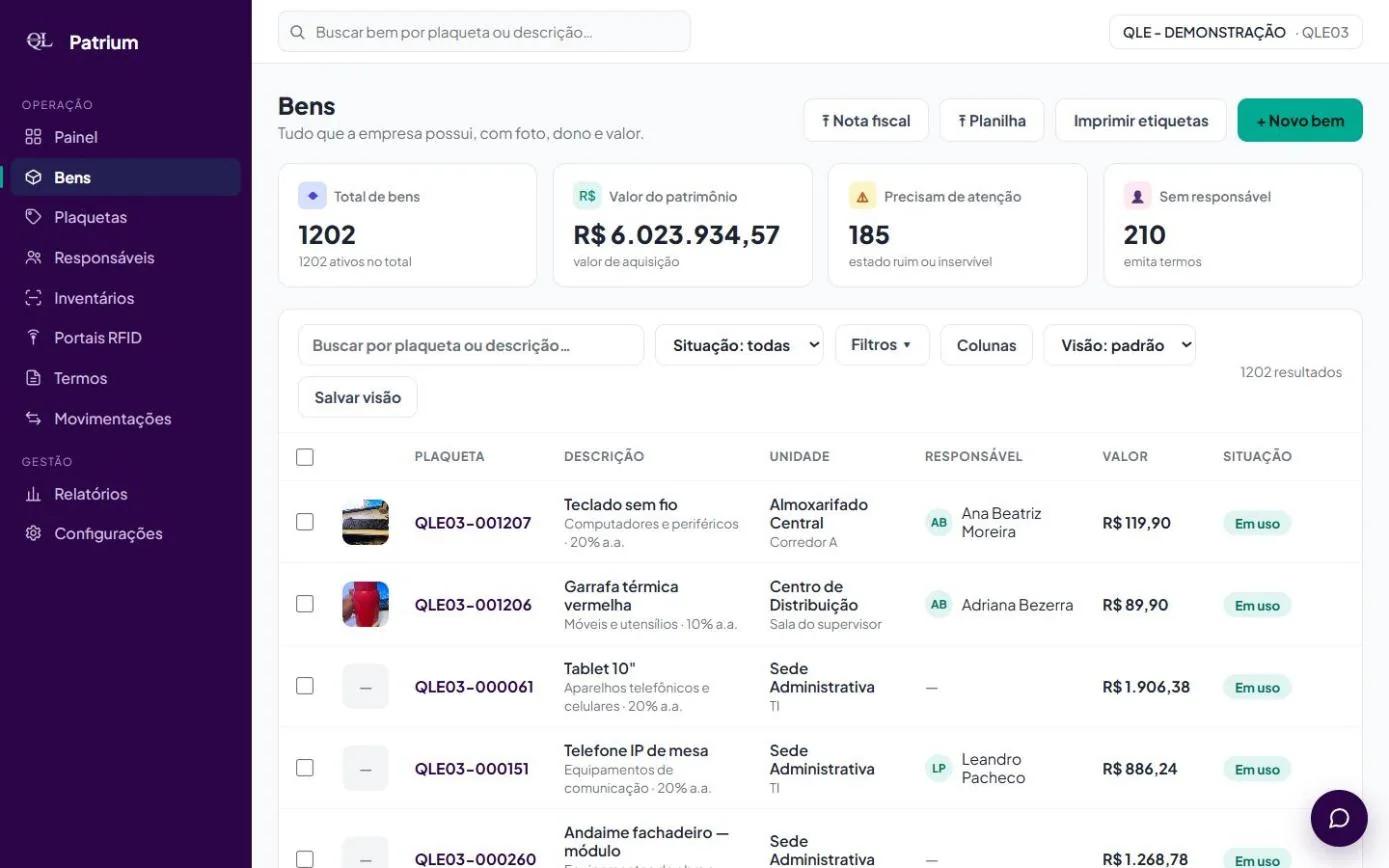 Tela Bens do QLPatrium: lista de bens com foto, plaqueta, unidade, responsável, valor e situação