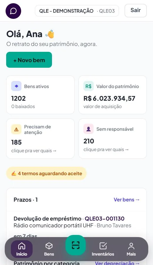 Painel do QLPatrium no celular: bens ativos, valor do patrimônio, bens que precisam de atenção e prazos