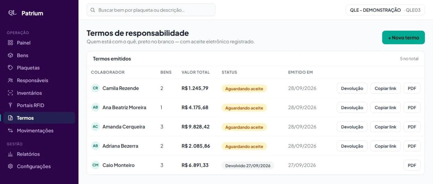 Tela Termos de responsabilidade do QLPatrium: um termo por colaborador, com quantidade de bens, valor total, status do aceite e PDF